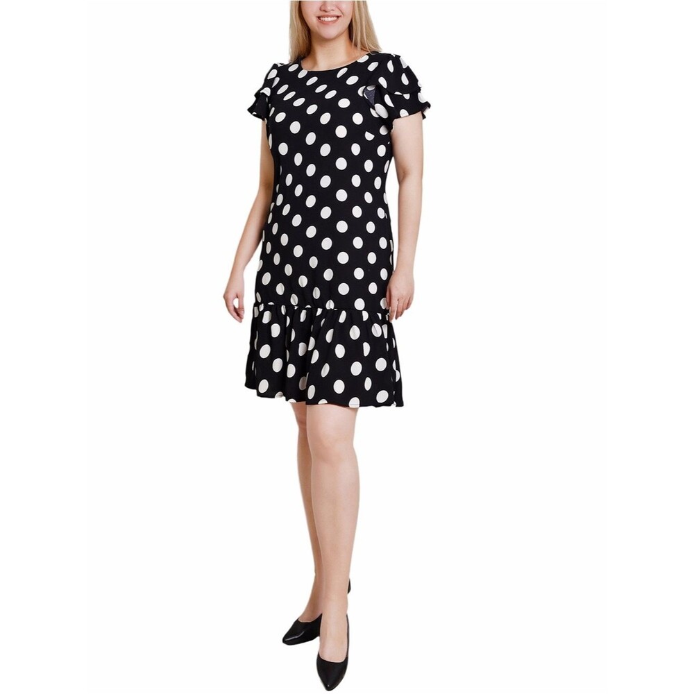 Black White Polka Dot Ruffle Hem Dress Size Medium Retro Chic Mini Dress M